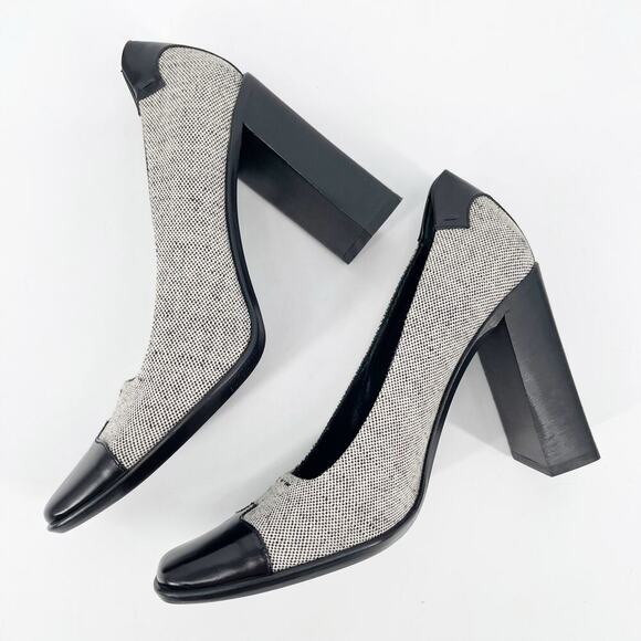 Prada Vintage 90s Black Leather Trim Gray Fabric Square Toe Block Heels IT 38 - Picture 4 of 10